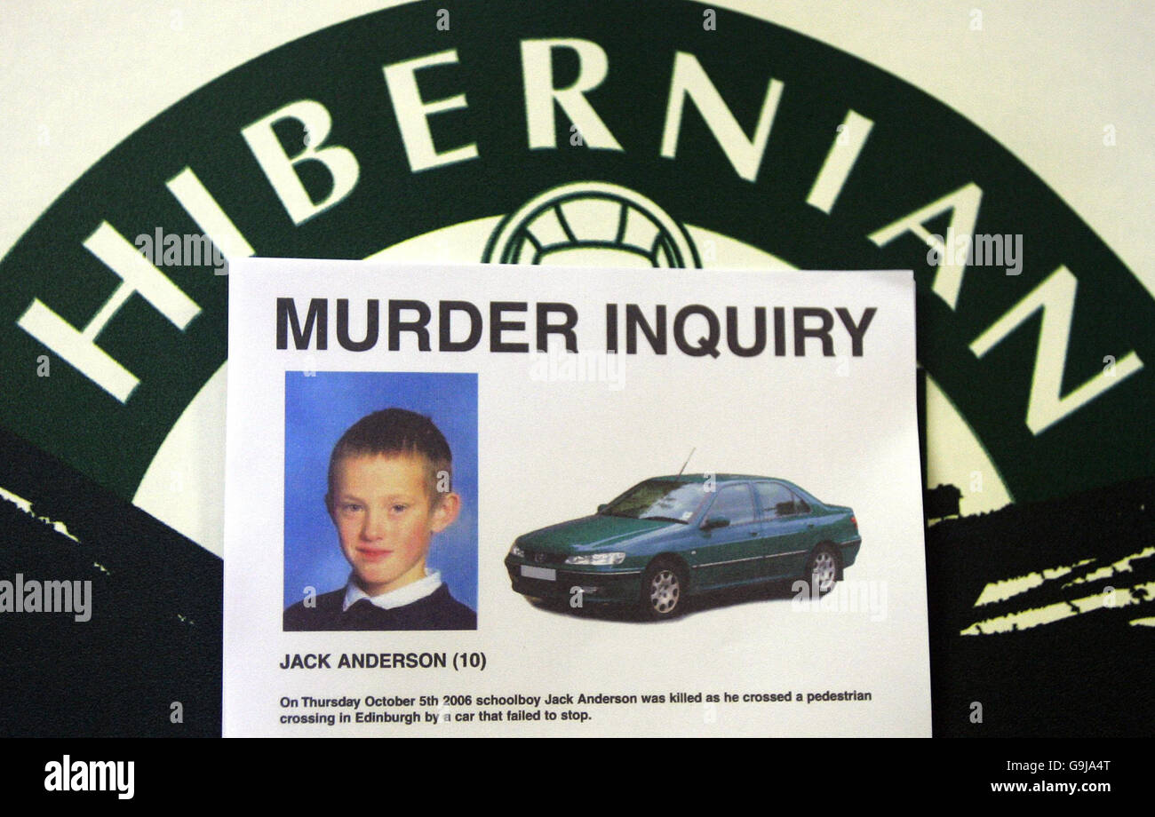 Leaflets are handed out today requesting information into the death of 10-year-old Jack Anderson who was killed in a hit-and-run incident outside his Edinburgh home, on Thursday. PRESS ASSOCIATION Photo Picture date: Sunday 15th October , 2006. Lothian and Borders Police, in an appeal for information in their murder inquiry, handed out the leaflets at the turnstiles at the derby match between Hibernian and Hearts this afternoon. See PA Story SCOTLAND Crash. Photo credit should read: Andrew MilliganPA. Stock Photo