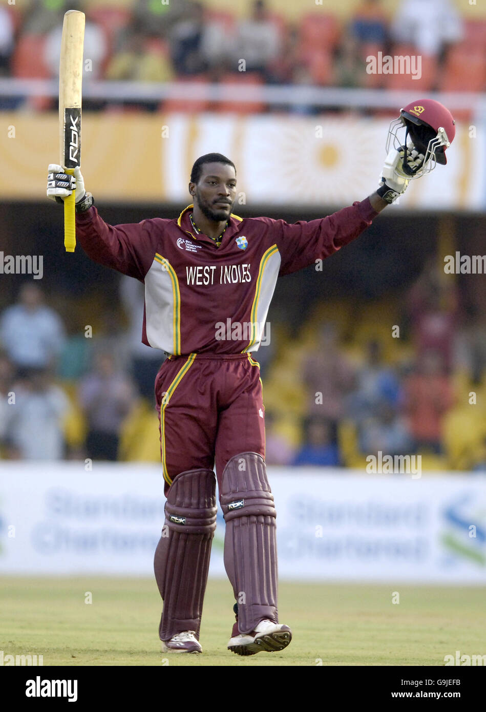 West Indies Chris Gayle celebrates his century during the ICC Champions Trophy match against England at the Sardar Patel Stadium Ahmedabad India Stock Photo Alamy