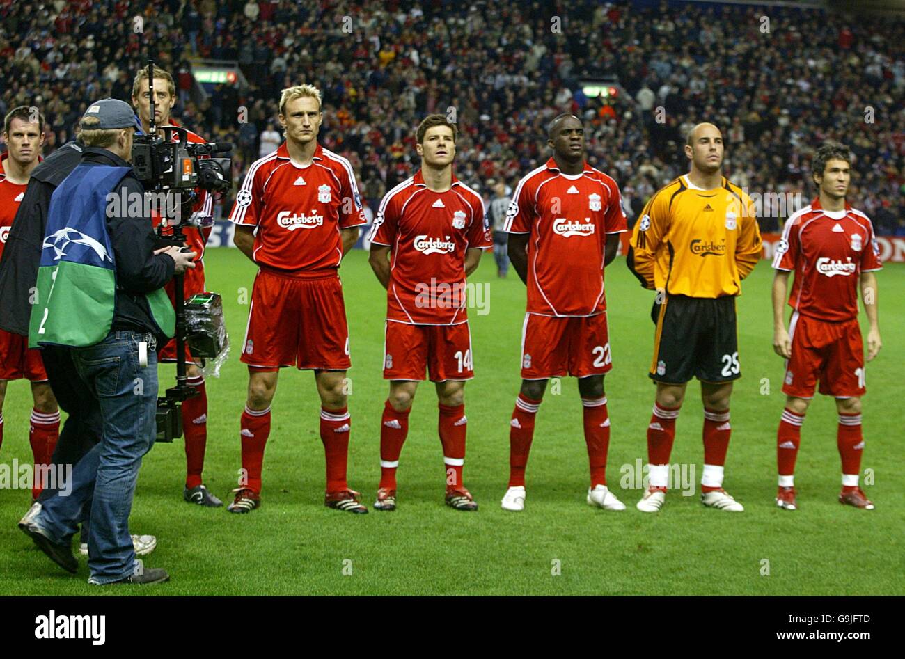 Liverpool players are filmed by a tv camera as they line up prior to the game (l-r Jamie Carragher, Peter Crouch, Samy Hyypia, Xabi Alonso, MOhamed Sissoko, Jose Reina and Sanz Luis