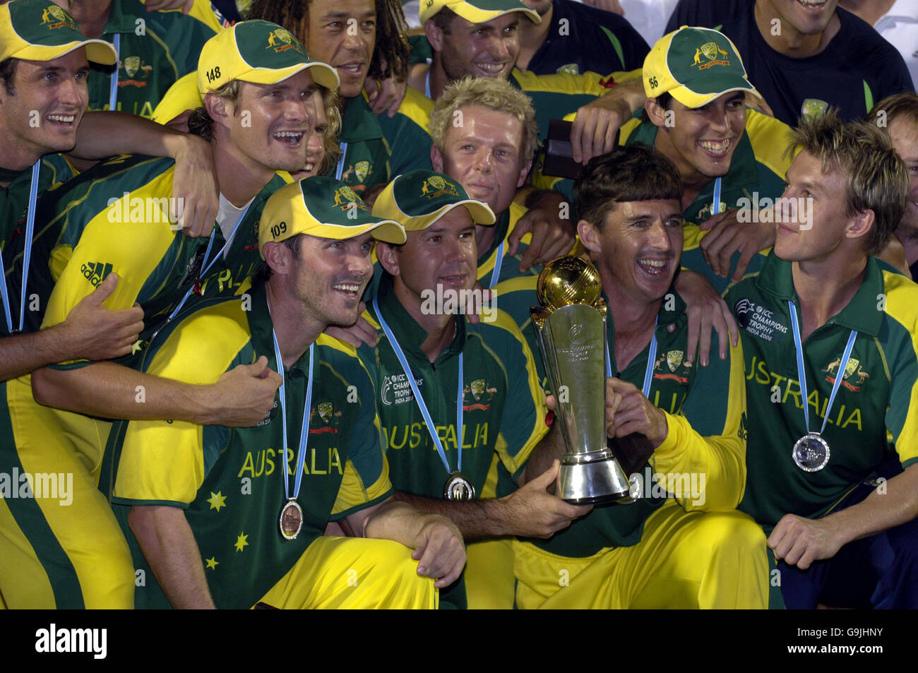Australia celebrate trophy following icc champions trophy final brabourne stadium hi-res stock 