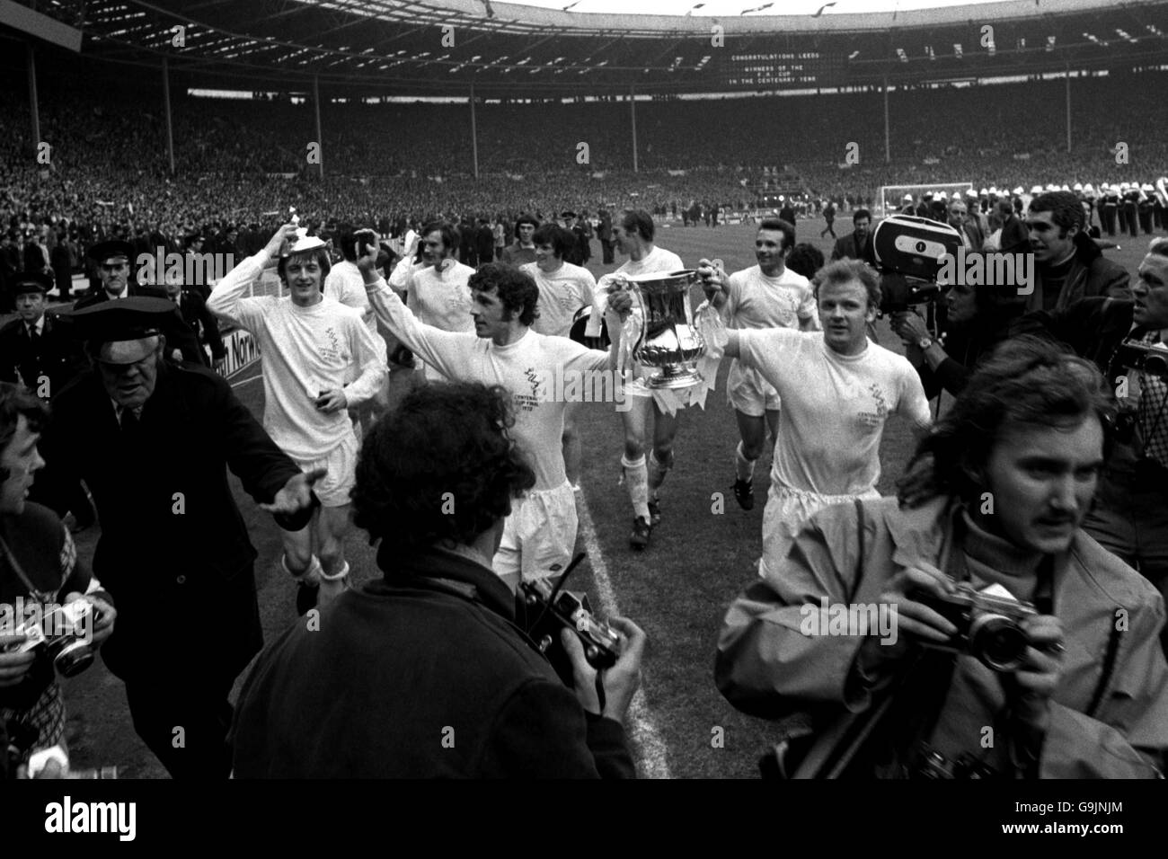 Leeds United run a lap of honour with the FA Cup after their 1-0 victory Stock Photo