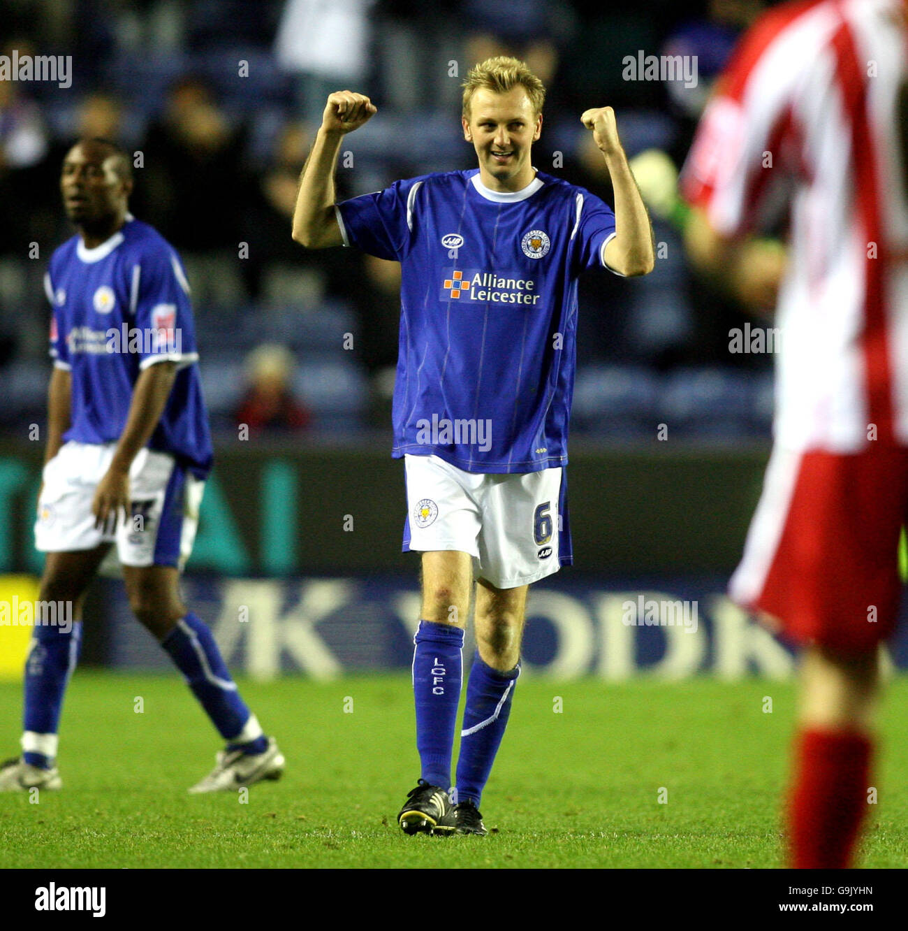 Leicester City's match winner Stephen Hughes celebrates victory over Stoke City. Stock Photo
