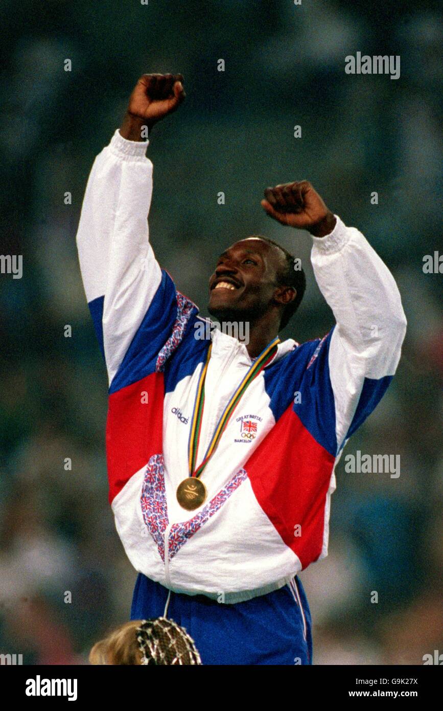 Athletics - Barcelona Olympic Games - Mens 100m Medal Ceremony Stock Photo