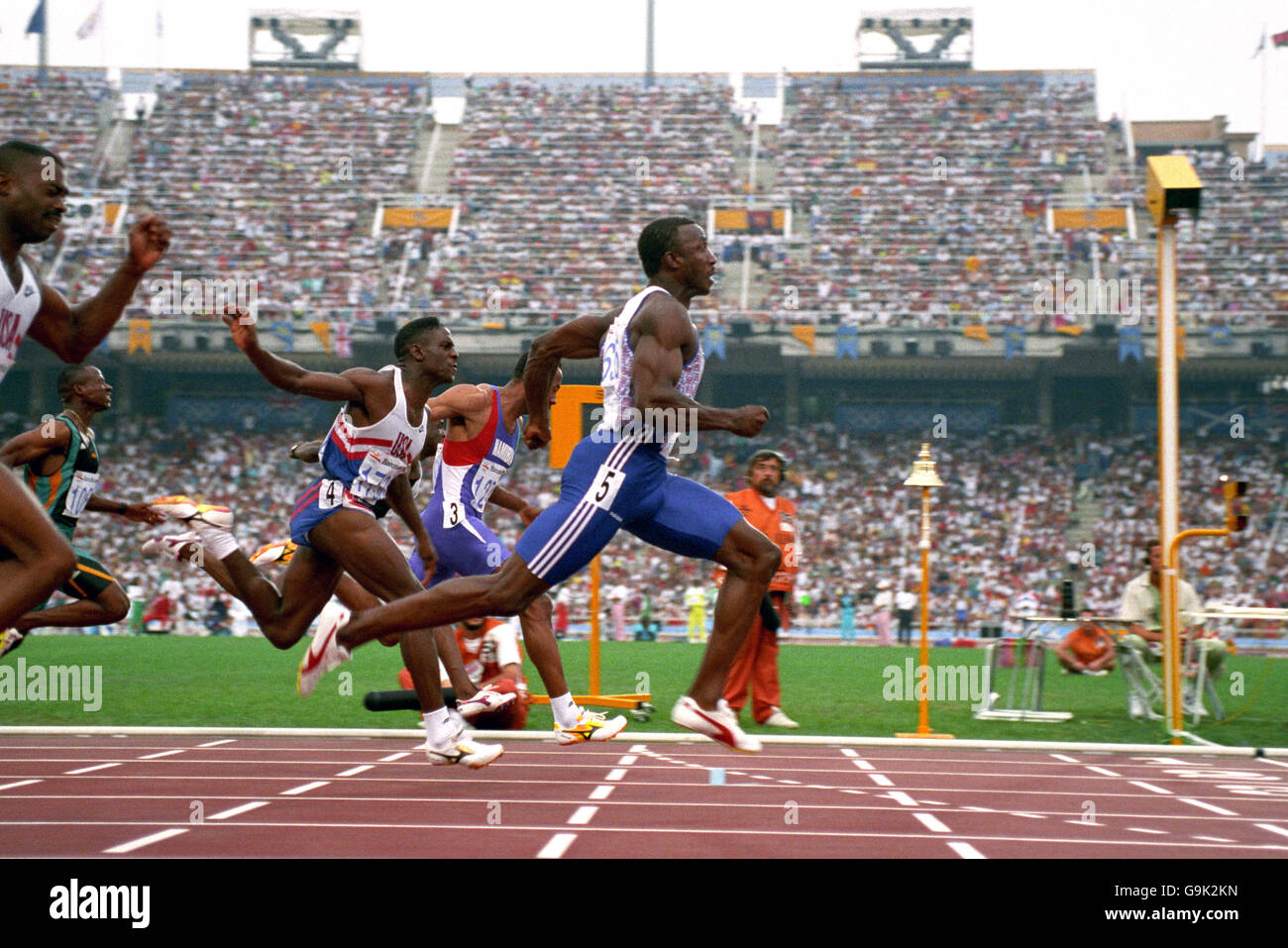Olympic Games - Barcelona Olympics 1992 - Athletics - Mens 100m Final. Linford Christie (GBR) wins gold in the Mens 100m final. Stock Photo