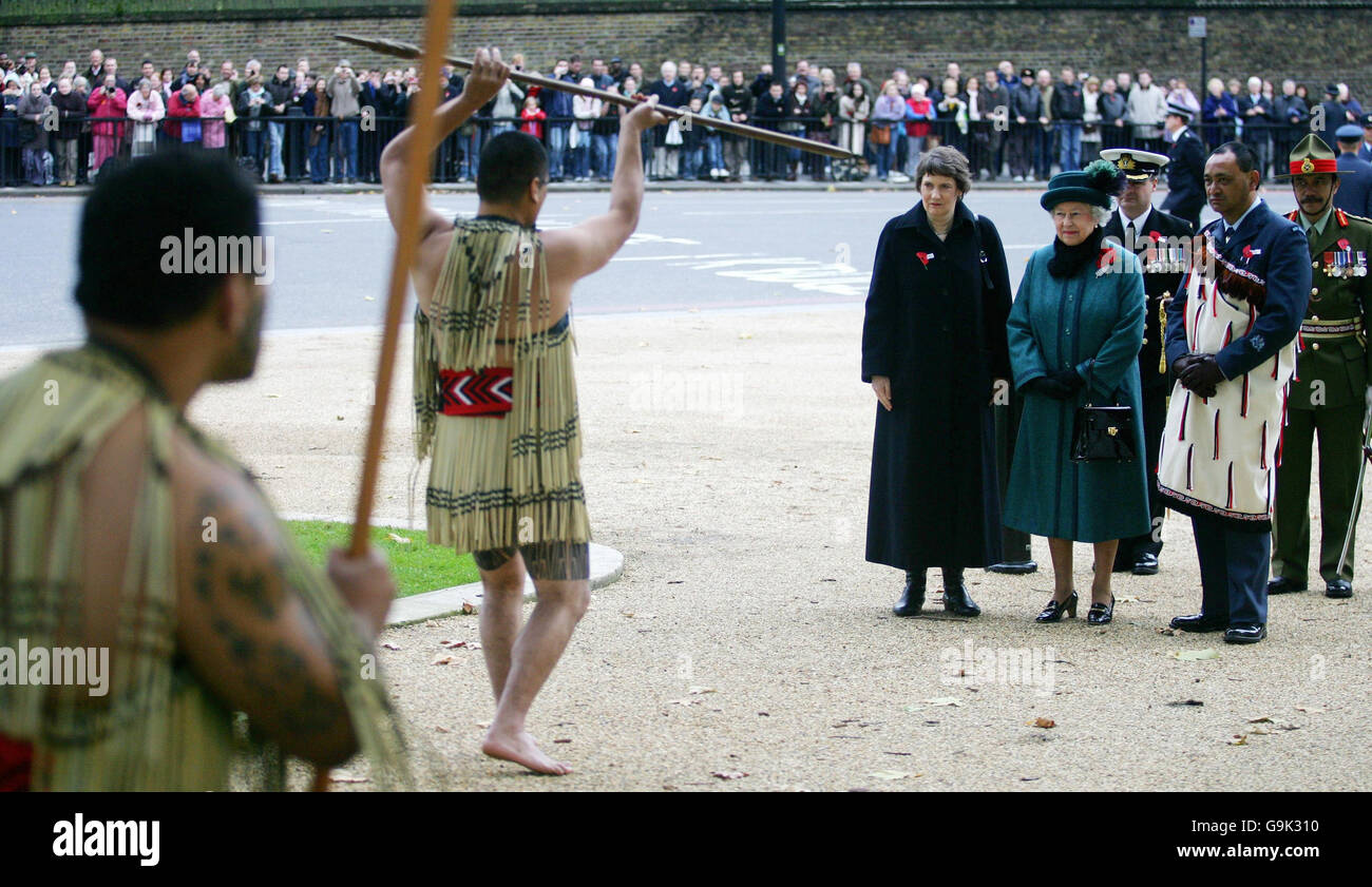 A Maori member of the New Zealand Defence Force performs the Haka for Britian's Queen Elizabeth