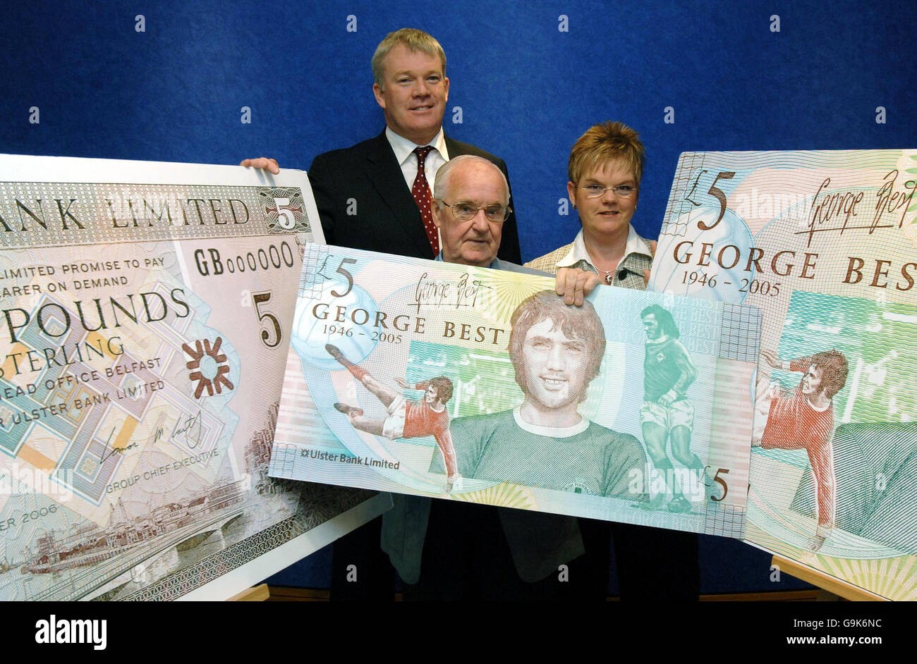 5 note in Belfast, which the bank is to issue as a tribute to the footballing genius next month to mark the first anniversary of his death. Stock Photo