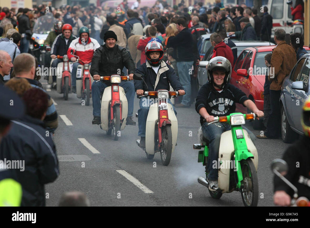 Honda 50 owners take part in the Great Honda 50 run part of the Annual Culchie Festival in Athboy, Co Meath. Stock Photo