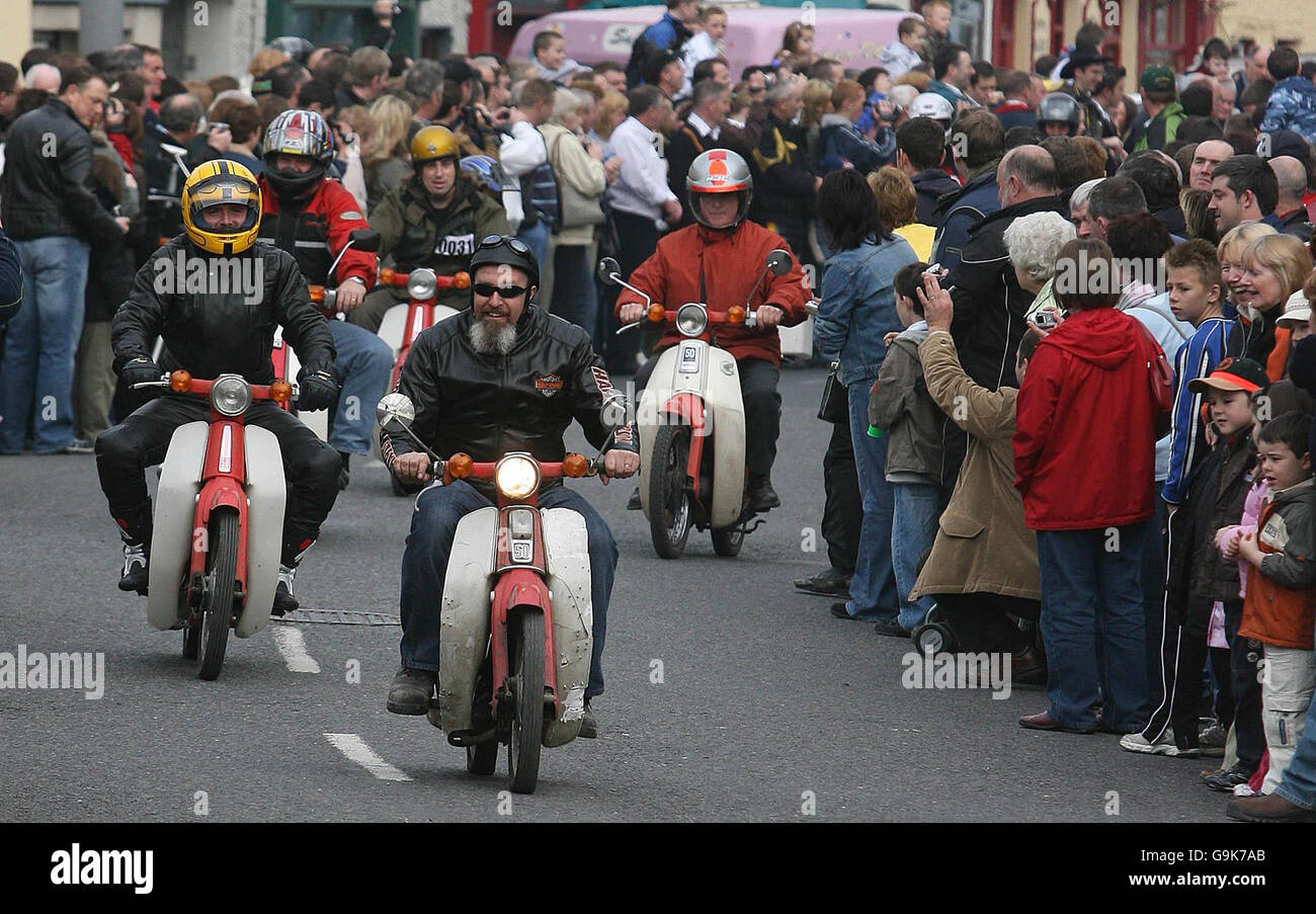 Honda 50 owners take part in the Great Honda 50 run part of the Annual Culchie Festival in Athboy, Co Meath. Stock Photo