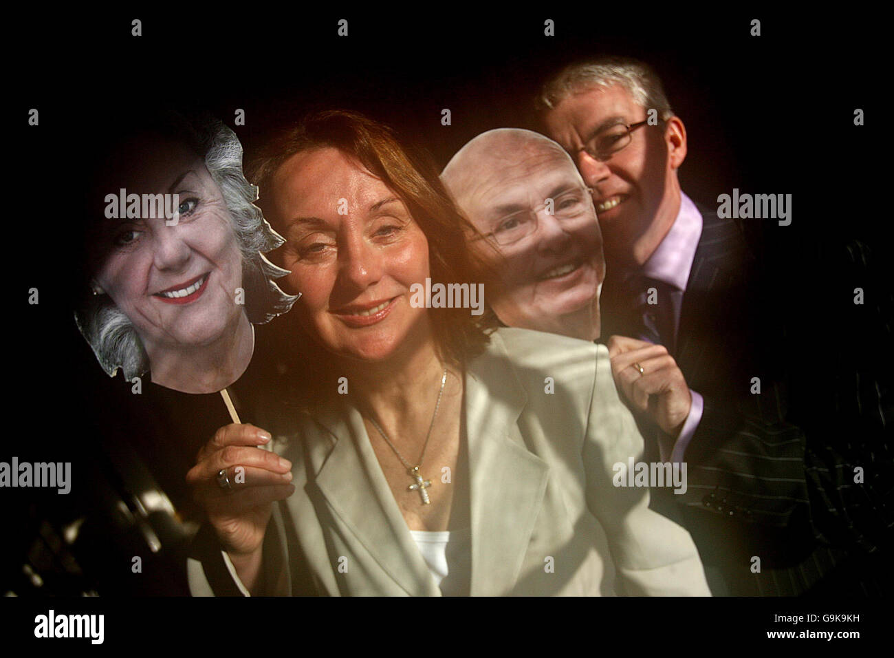 Rose Anne Kenny, TCD Professor of Geriatric Medicine and Principal Investigator of Ireland's first Longitudinal Study On Ageing (TILDA) launches the report with Donal Casey, the Chief Executive of Irish Life, at Trinity College Dublin, alongside computer generated masks of themselves aged. Stock Photo
