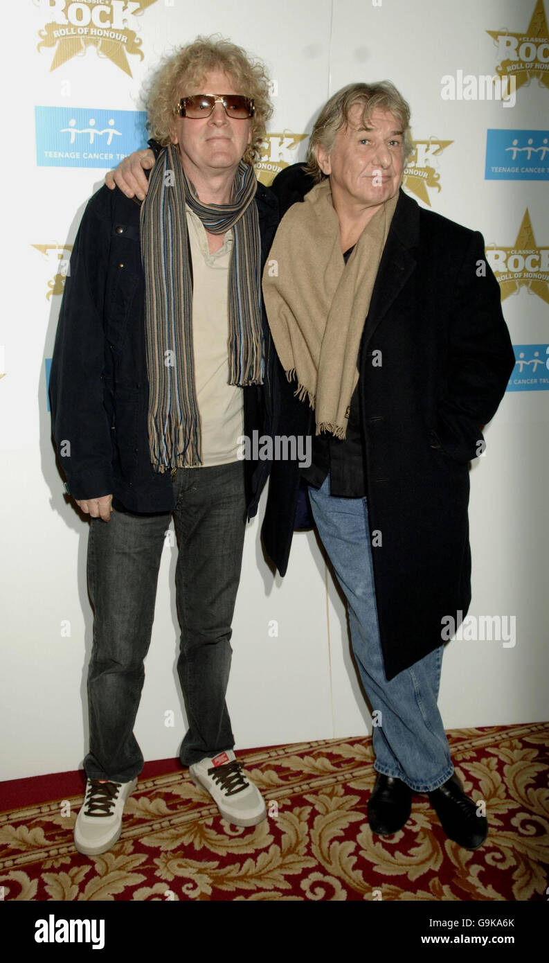 Ian Hunter (left) and Mick Ralphs arrive for the Classic Rock Roll of Honour Awards, at the Langham Hotel in central London. Stock Photo