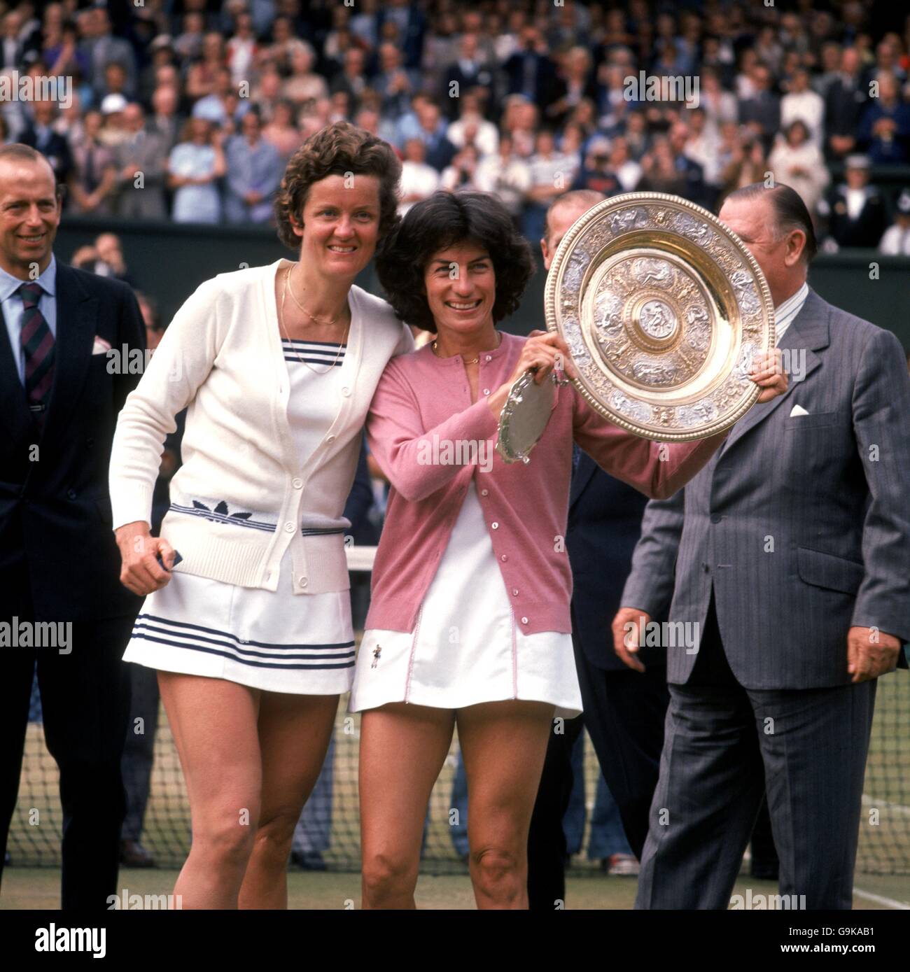 Tennis - Wimbledon Championships - Ladies' Singles - Final - Virginia Wade v Betty Stove. Virginia Wade (r) celebrates with the Ladies' Singles trophy after beating Betty Stove (l) in the final Stock Photo