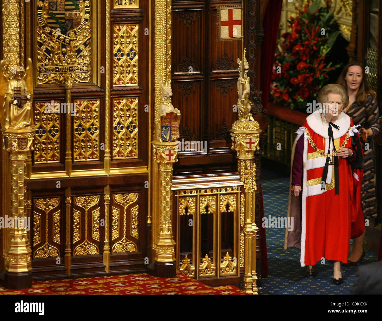 Former British Prime Minister Margaret Thatcher enters the House of Lords prior to the Queen's speech during the State Opening of Parliament in London. Stock Photo