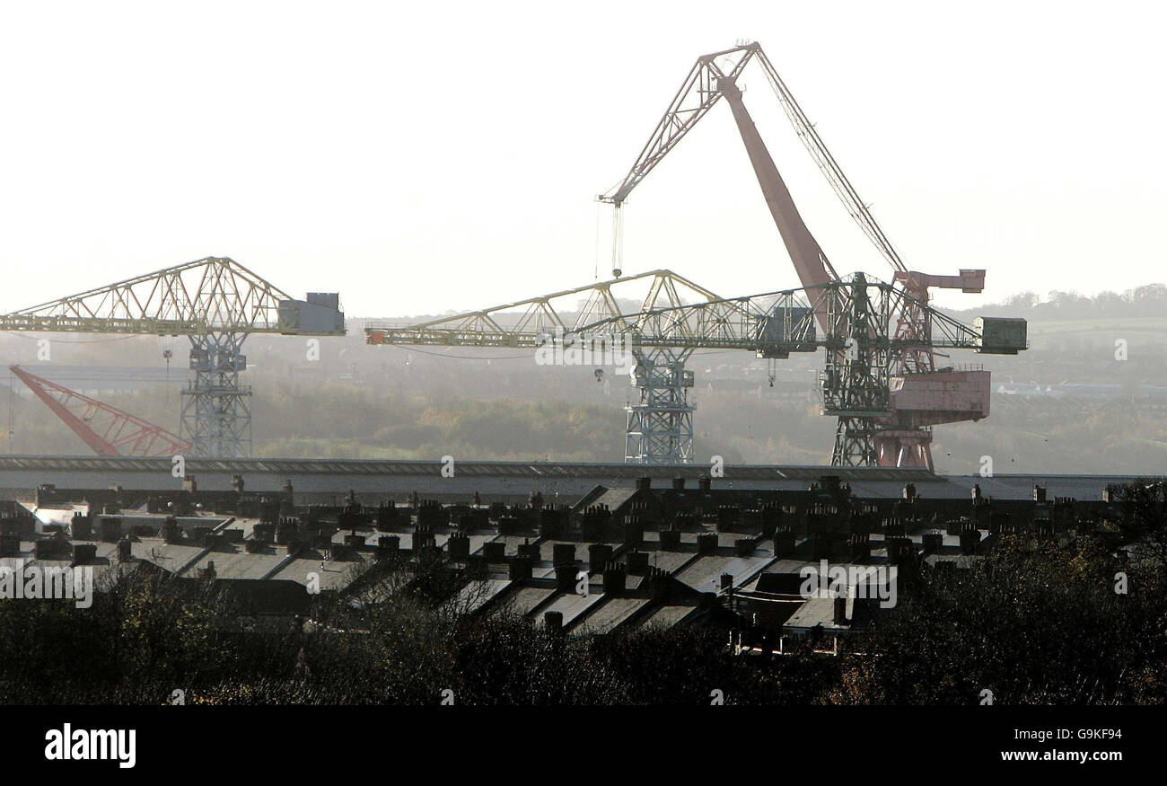 A general view of the Swan Hunter shipyard on the River Tyne. The cranes which stand over the Swan Hunter shipyard have been sold off, marking the end of shipbuilding on Tyneside. Stock Photo