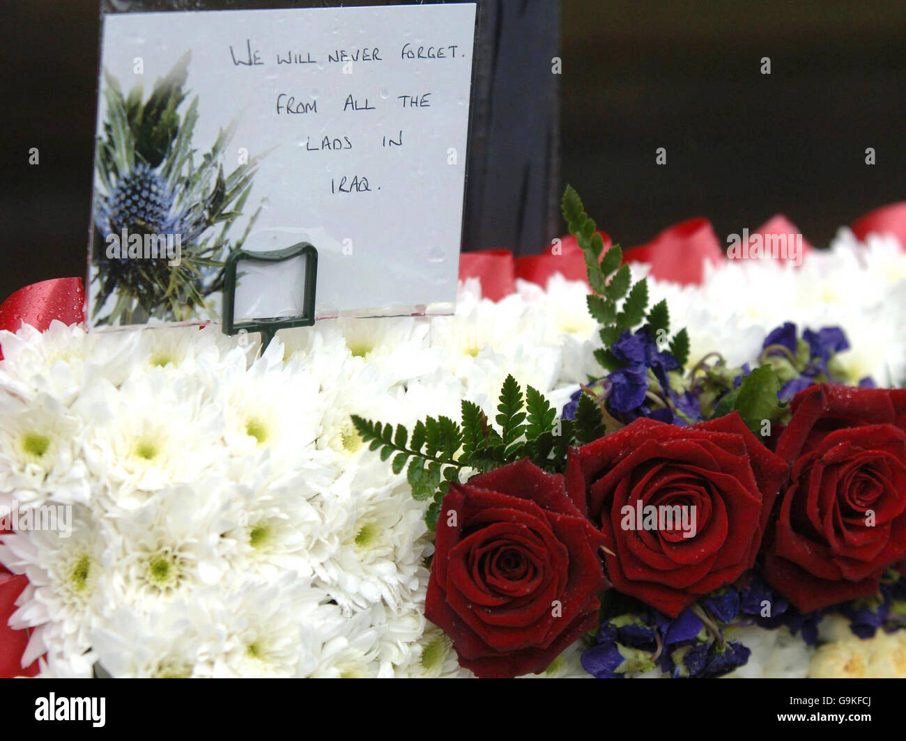 A message and floral tribute from serving soldiers to Royal Marine Cpl Ben Nowak whose funeral was held at Liverpool Anglican Cathedral. Stock Photo