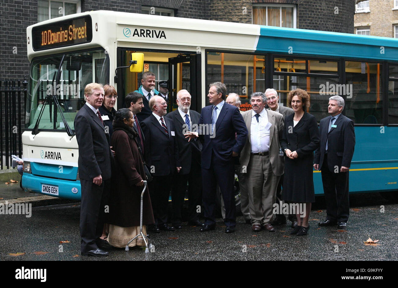 Prime Minister Tony Blair (centre) stands with a group of elderly people to publicise the Concessionary Bus Travel Bill. Stock Photo