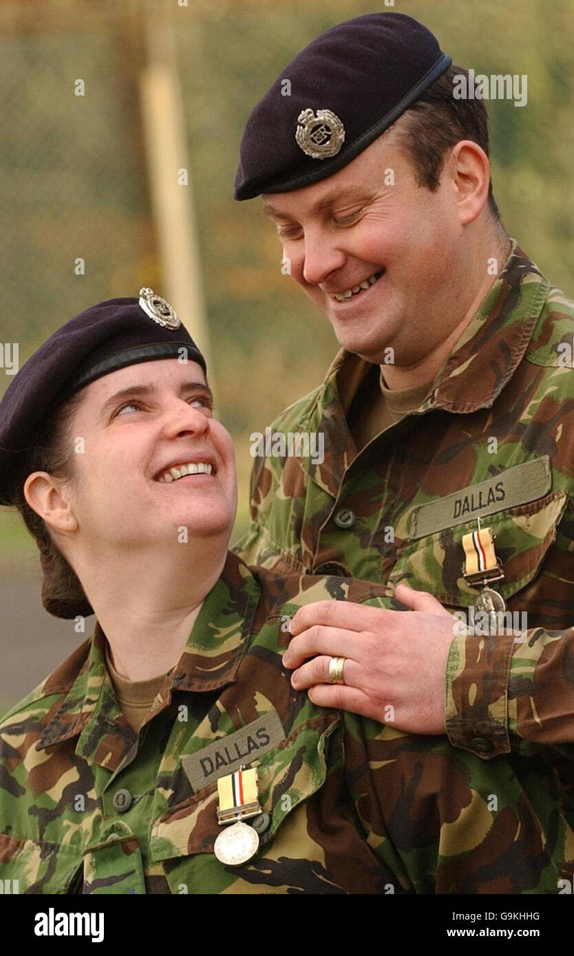 Married couple Corporal Kelly Dallas, 29, and Corporal David Dallas, 33, who have been honoured with Iraq Medals at RAF Leuchars in Fife, Scotland. Stock Photo