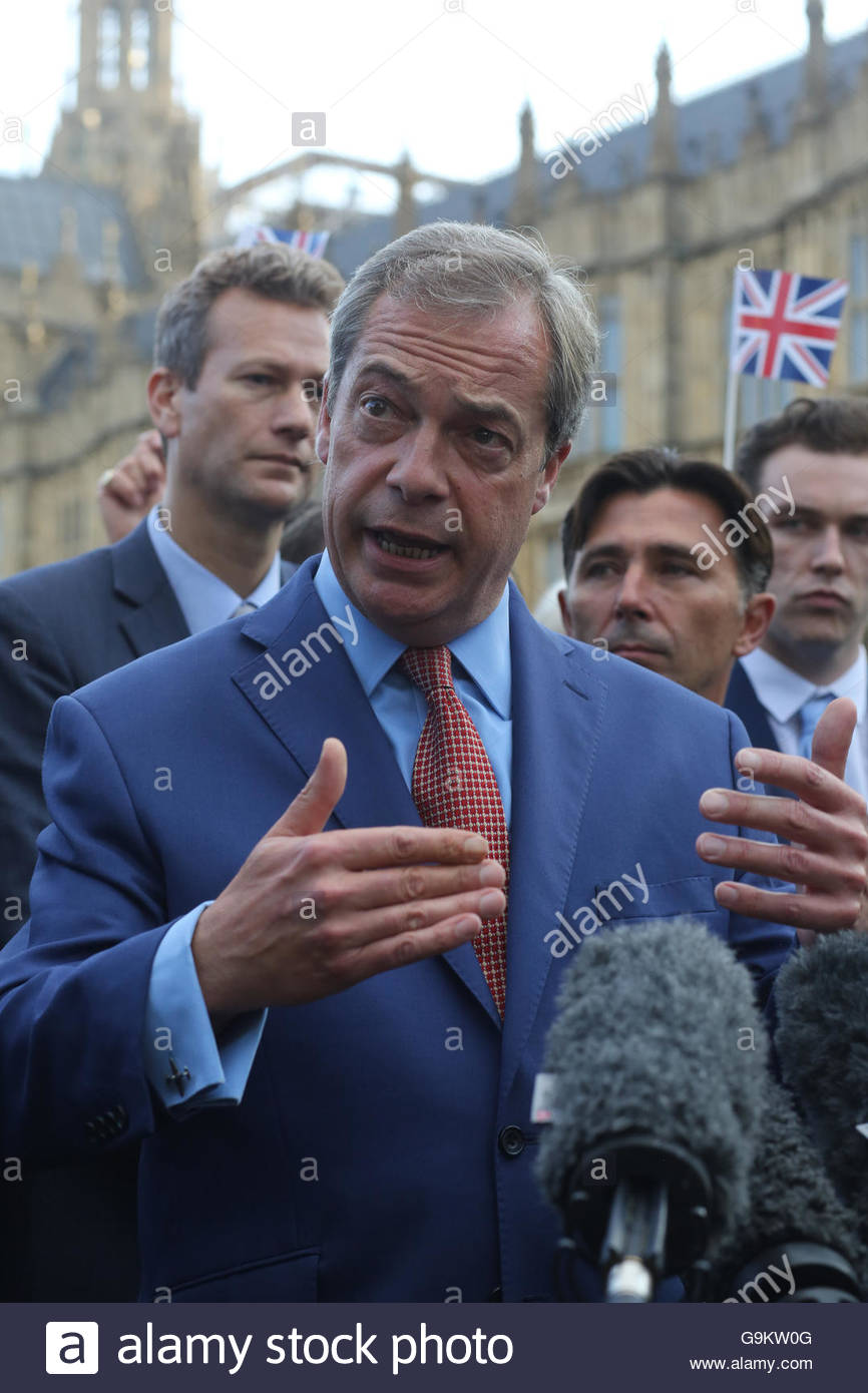 Nigel Farage speaks at Westminster on the morning of the Brexit result. Stock Photo