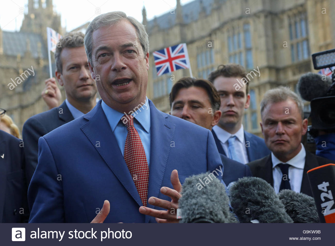 Nigel Farage speaks at Westminster on the morning of the Brexit result. Credit: reallifephotos/Alamy Stock Photo