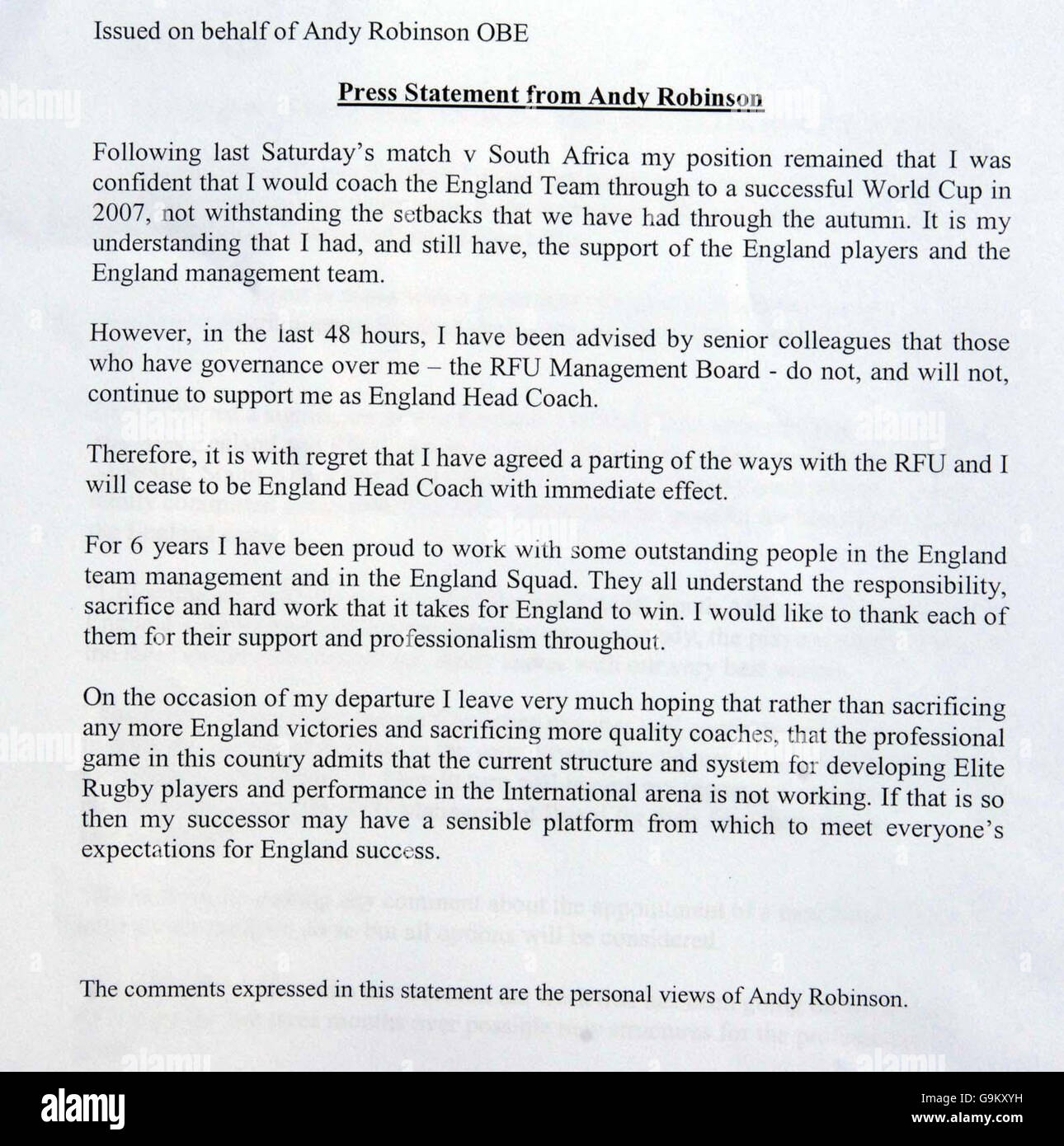 Rugby Union - England head coach Andy Robinson resigns - Rugby House - Twickenham. Press Statement from England head coach Andy Robinson at Rugby House, Twickenham, London. Stock Photo