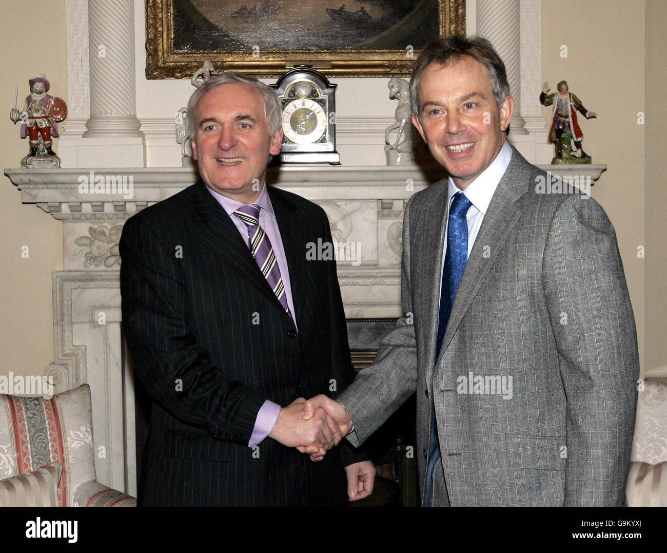 British Prime Minister Tony Blair (right) shakes hands with his Irish counterpart Bertie Ahern. Stock Photo