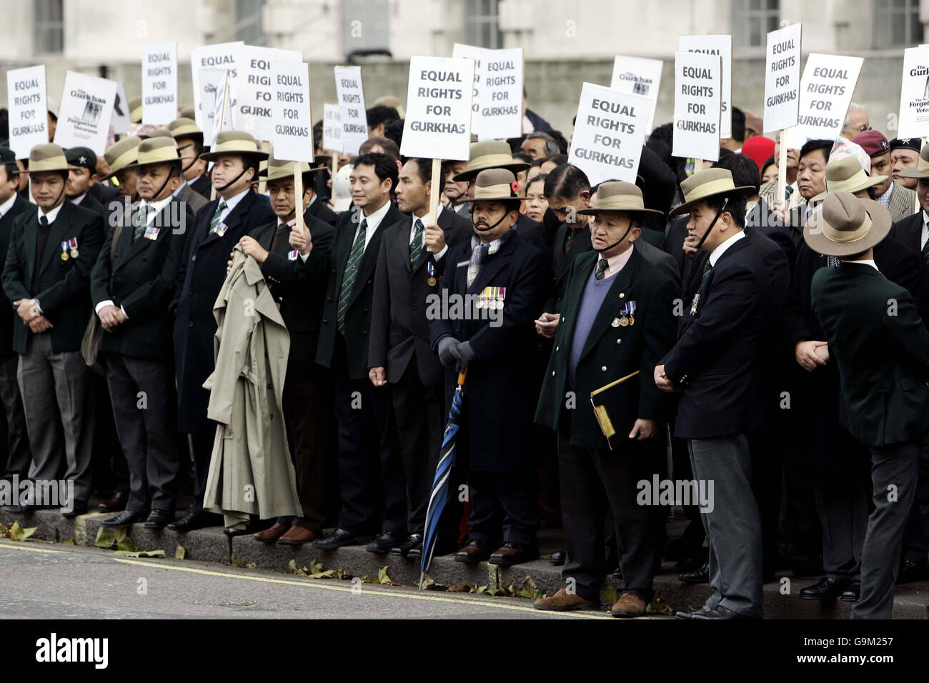Gurkhas gather outside Downing Street, London, where they will demand equal rights. Stock Photo