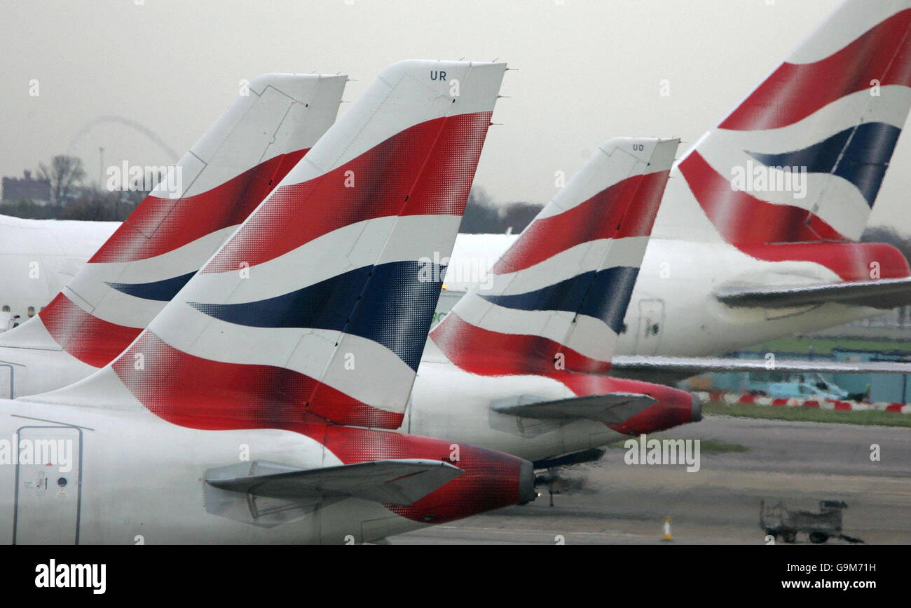NOTE TO EDITORS: This is a plane/s similar to the aircraft that were found to have radiation on board. These are not the planes that had radioactive traces on board. BA tails at Heathrow. Stock Photo