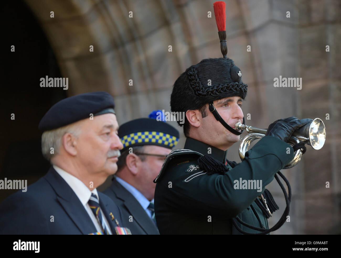 A bugle is played during a special service which followed an overnight vigil, at Edinburgh Castle, as Scotland marks the 100th anniversary of the Battle of the Somme. Stock Photo