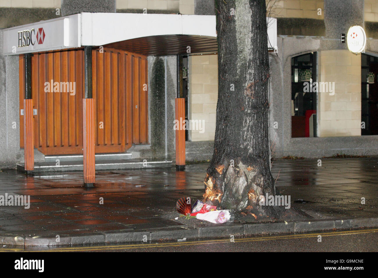 Flowers are laid by a tree which was struck during a fatal car crash in the early hours of this morning in which a young woman died, on Whiteladies Road, in Bristol. Stock Photo