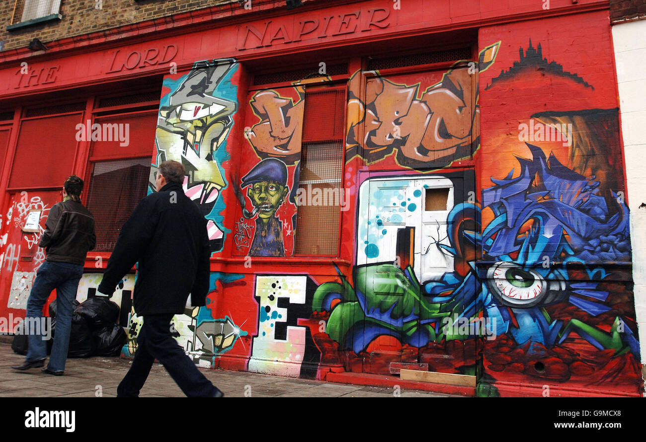 Graffiti sprayed on the Lord Napier pub in Hackney Wick, east London. Stock Photo