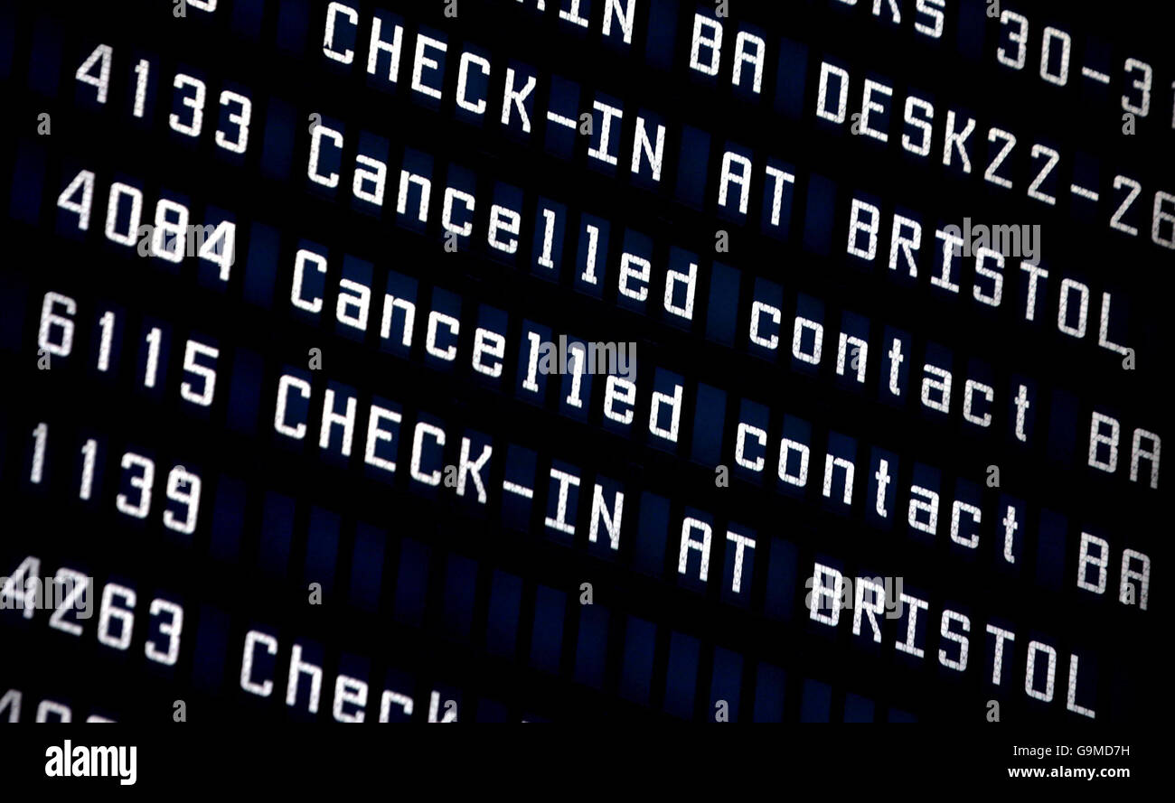 A departure board at Bristol International Airport this morning, after staff worked through the night to improve the drainage problem which has led to the cancellation of flights. Stock Photo