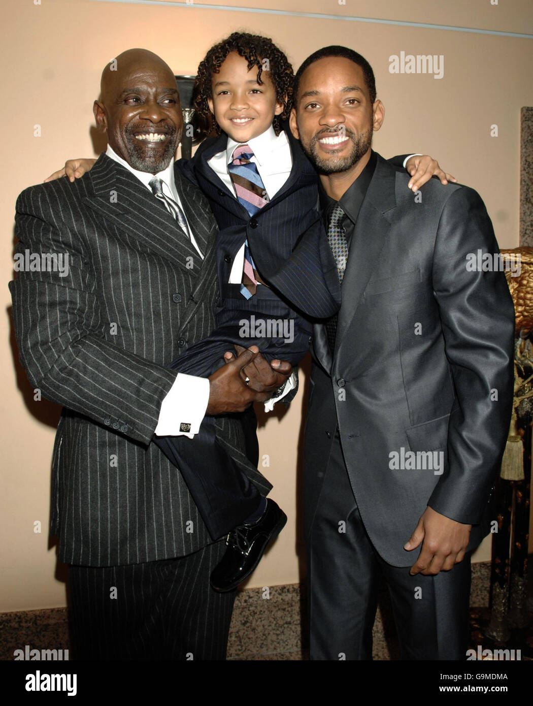 Will Smith and his son Jaden Christopher Syre Smith and Chris Gardner  (left, on whose life the film is based) arriving for a drinks reception  preceeding the Charity Premiere of The Pursuit