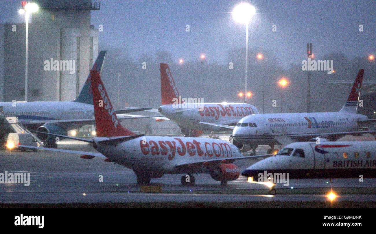 View of planes at Bristol International Airport, as normal services resume after five days of disruption. Stock Photo