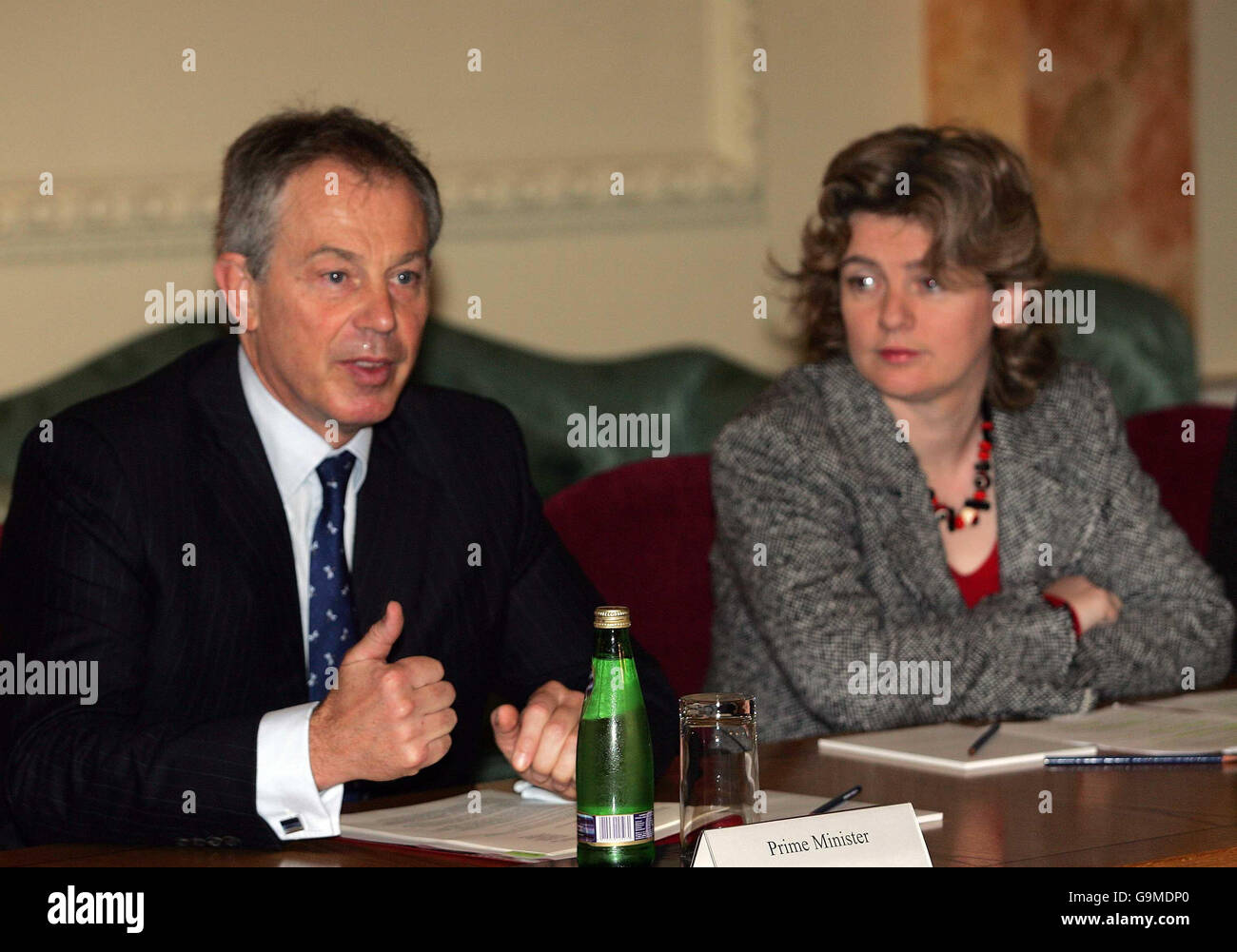British Prime Minister Tony Blair (left) and Secretary of State for Communities and Local Government Ruth Kelly (right) address a meeting about social housing at Downing Street, London. Stock Photo