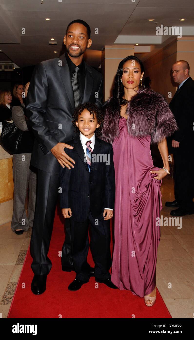 Will Smith with his wife Jada Pinkett Smith and son Jaden Christopher Syre Smith arriving for a drinks reception preceeding the Charity Premiere of The Pursuit of Happyness, at the Washington Hotel in central London. Stock Photo