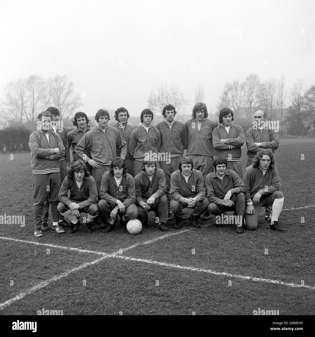 The England squad for the friendly against Portugal: (back row, l-r) trainer Harold Shepherdson, Martin Peters, Peter Storey, Martin Dobson, Trevor Brooking, Dave Watson, Alan Stevenson, Phil Parkes, Malcolm MacDonald, manager Sir Alf Ramsey; (front row, l-r) Stan Bowles, Mick Channon, Colin Todd, David Nish, Duncan McKenzie, Kevin Beattie Stock Photo