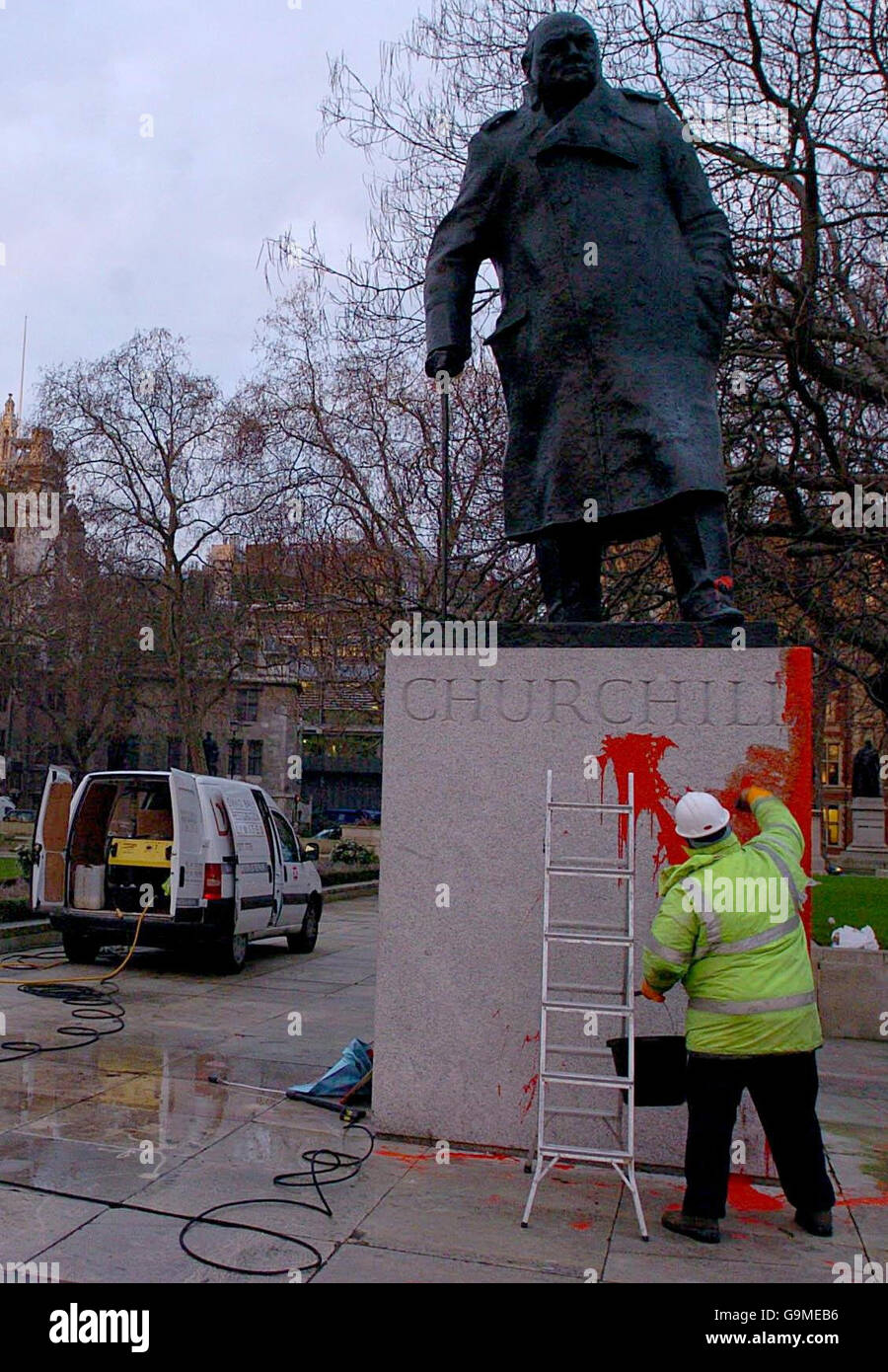 Churchill statue vandalised Stock Photo Alamy