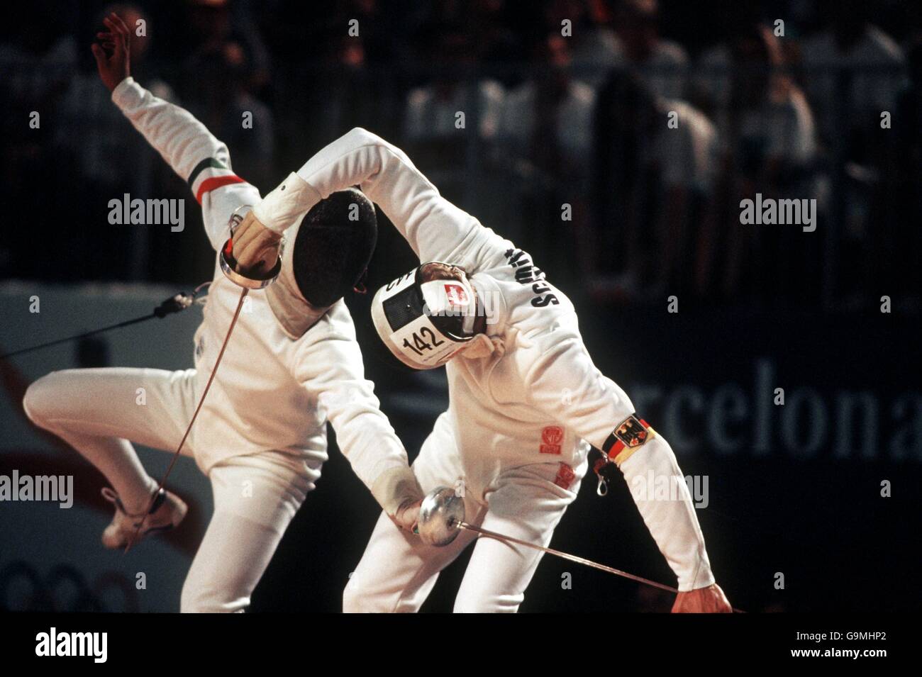 OLYMPICS BARCELONA FENCING. IVAN KOVACS (HUN) AND ARND SCMITT (GER) MENS EPEE Stock Photo