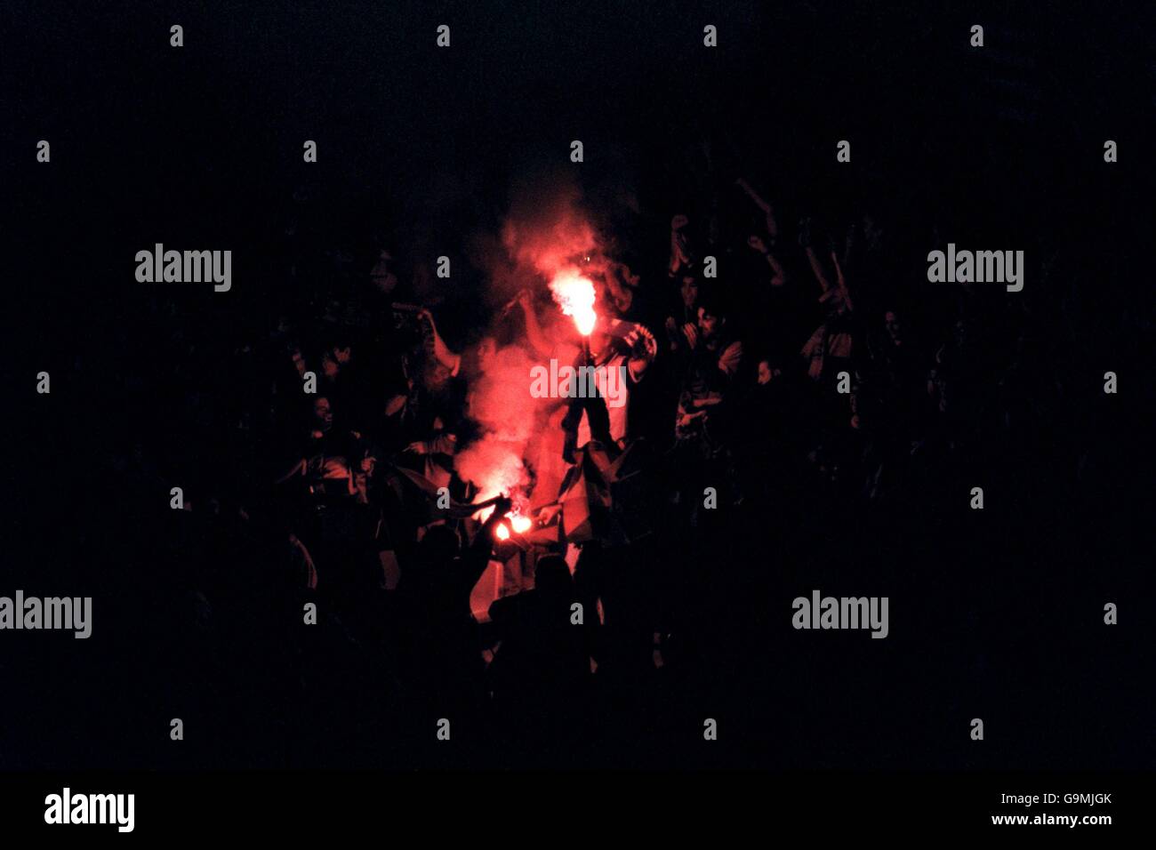 Soccer - UEFA Cup - Final - Liverpool v Alaves. Alaves fans light flares in support of their team Stock Photo