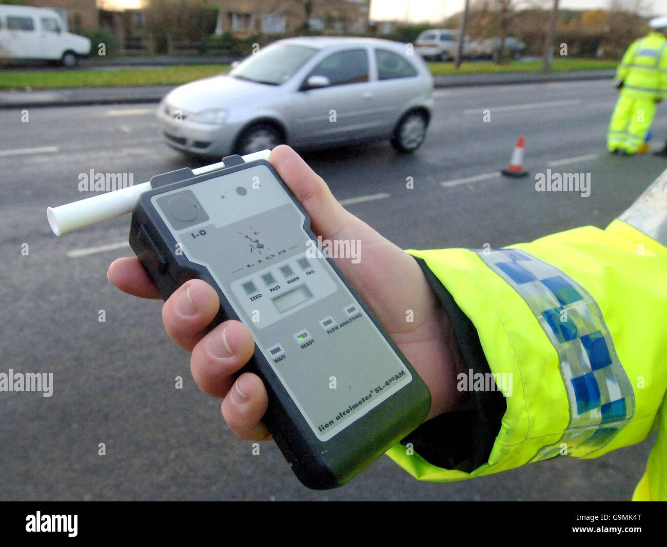 A police officer holds a breath test kit as the Christmas Drink Drive campaign is launched near