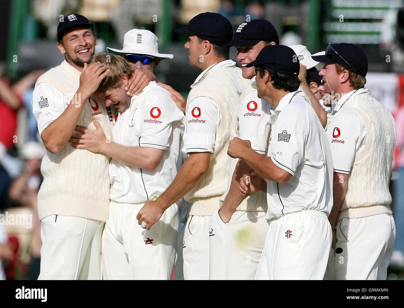 England's Matthew Hoggard is congratulated after bowling Australia's Michael Hussey during the third day of the second Test match at the Adelaide Oval, Adelaide, Australia. Stock Photo