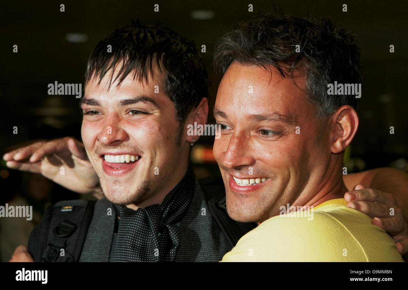 King of the Jungle Matt Wills and fellow contestant Toby Anstis arrive at Heathrow Airport after Willis won the game show ' I am a Celebrity...Get Me Out Of Here'. PRESS ASSOCIATION Photo. Stock Photo