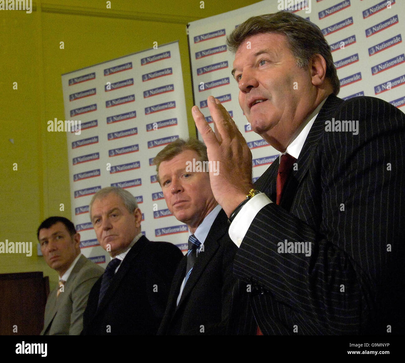 Four Home Nation Managers (L-R) Northern Ireland manager Lawrie Sanchez, Scotland manager Walter Smith, England manager Steve McClaren and Welsh manager John Toshack during the launch of the 'Cats Eyes For Kids' scheme at St George's Primary School, London. Stock Photo