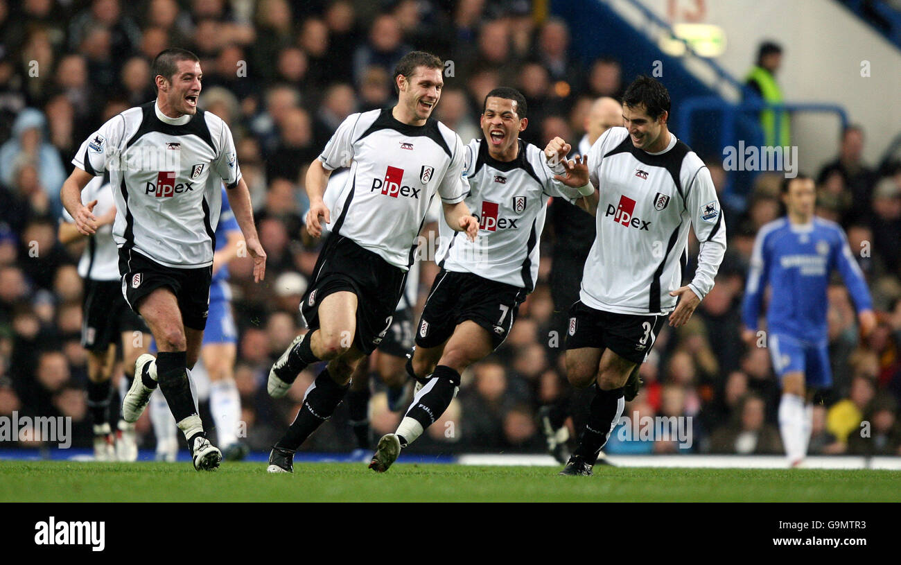 Fulham's Moritz Volz (2nd from left) celebrates with his team mates after putting his side 1-0 up against Chelsea. Stock Photo