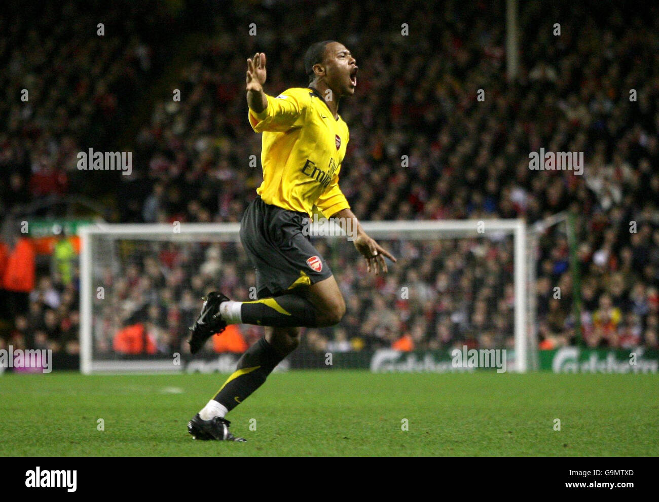 Arsenals Julio Baptista celebrates scoring his first goal during the Carling Cup Quarter Final match at Anfield, Liverpool. Stock Photo