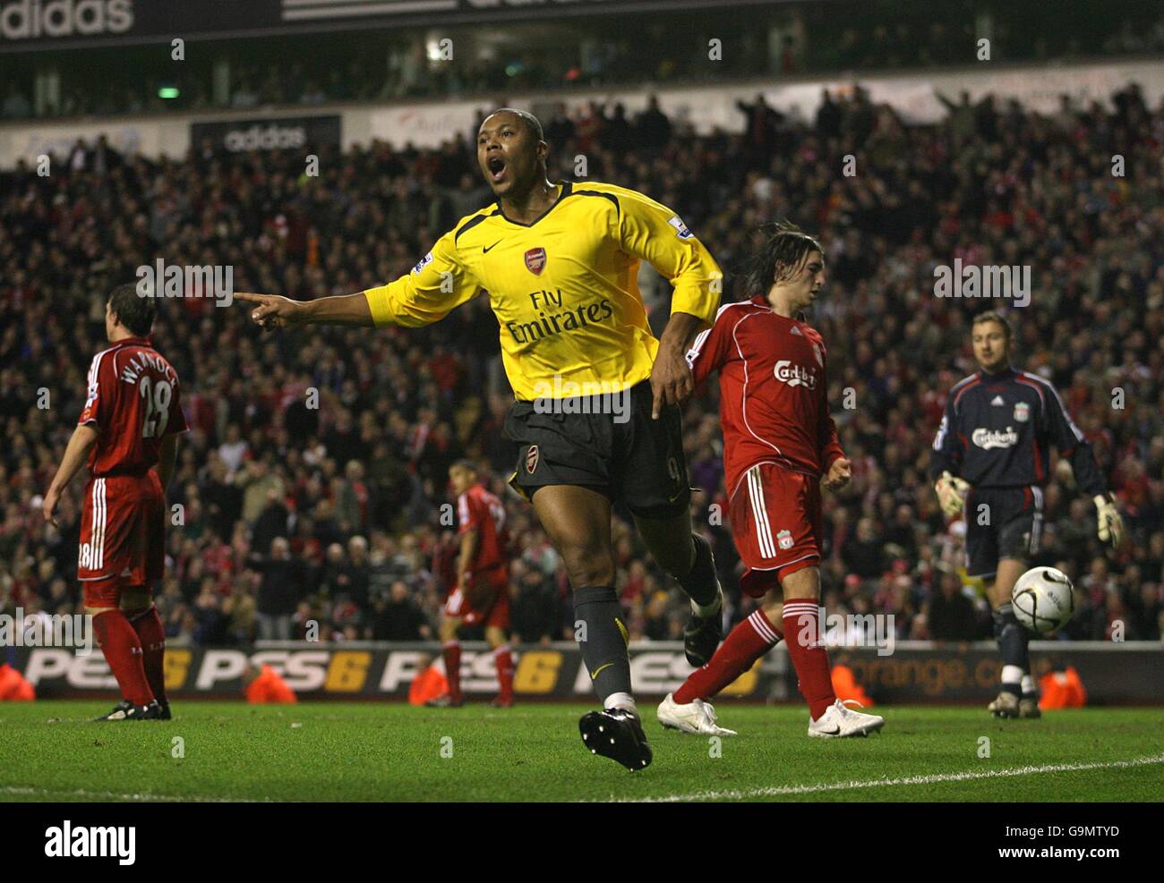 Soccer - Carling Cup - Quarter Final - Liverpool v Arsenal - Anfield. Arsenal's Julio Baptista celebrates his second goal Stock Photo