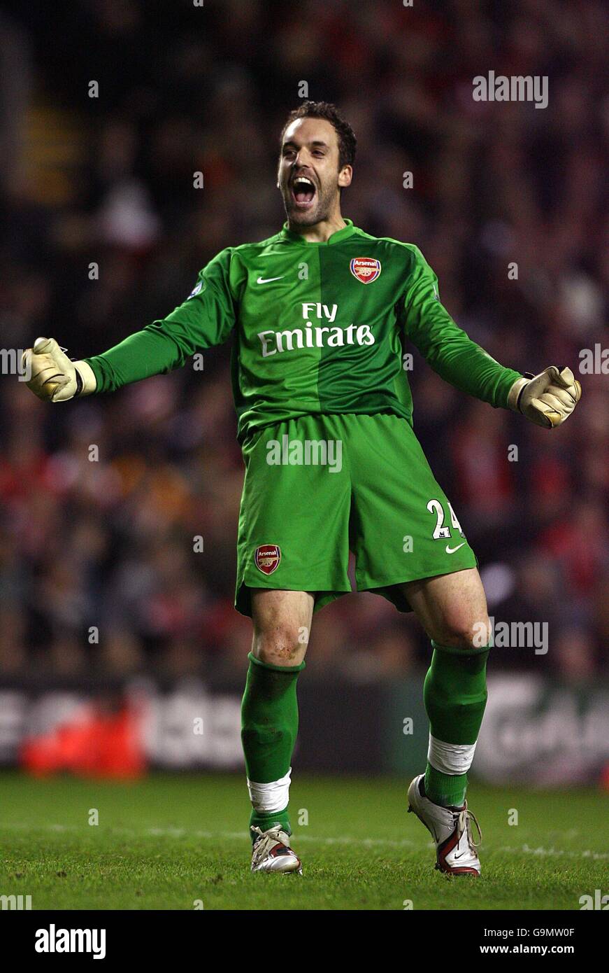 Soccer - Carling Cup - Quarter Final - Liverpool v Arsenal - Anfield. Arsenal's Manuel Almunia celebrates Stock Photo