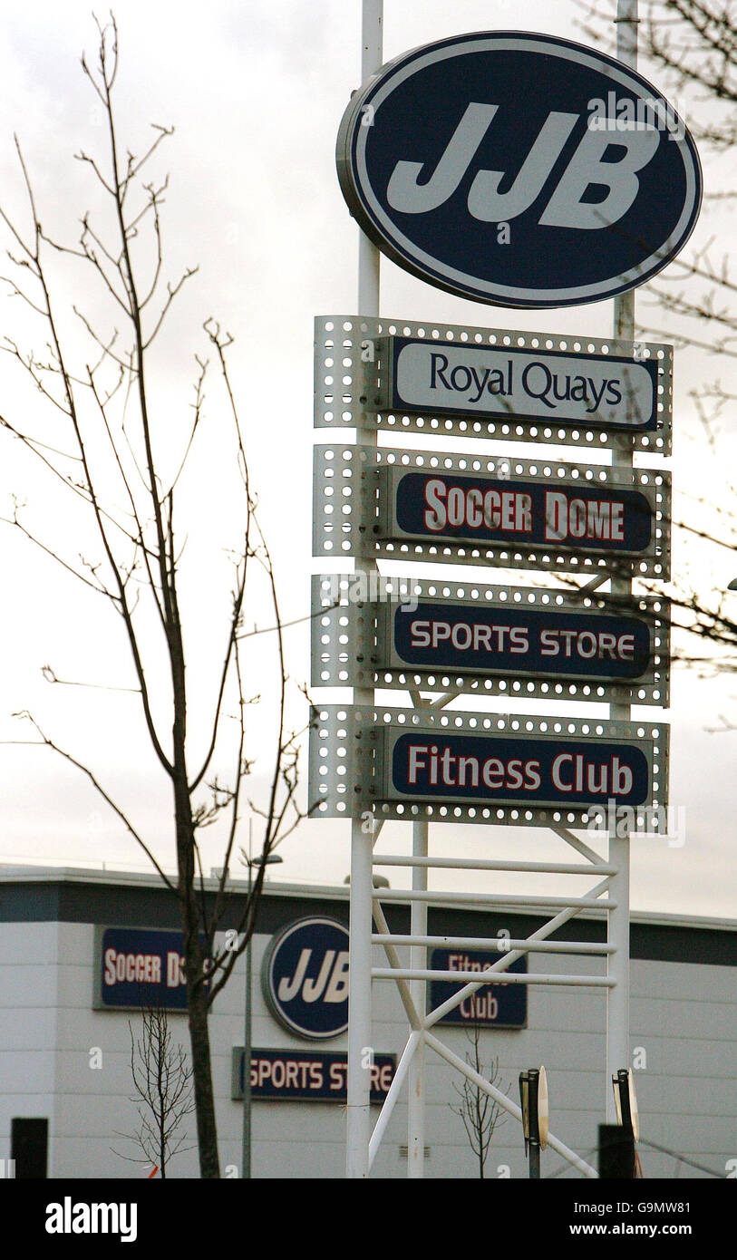 A sign for the JJB store at the Royal Quays in North Shields - the sports retailer has said demand for replica football products helped it achieve a decent performance during the second half of the year. Stock Photo