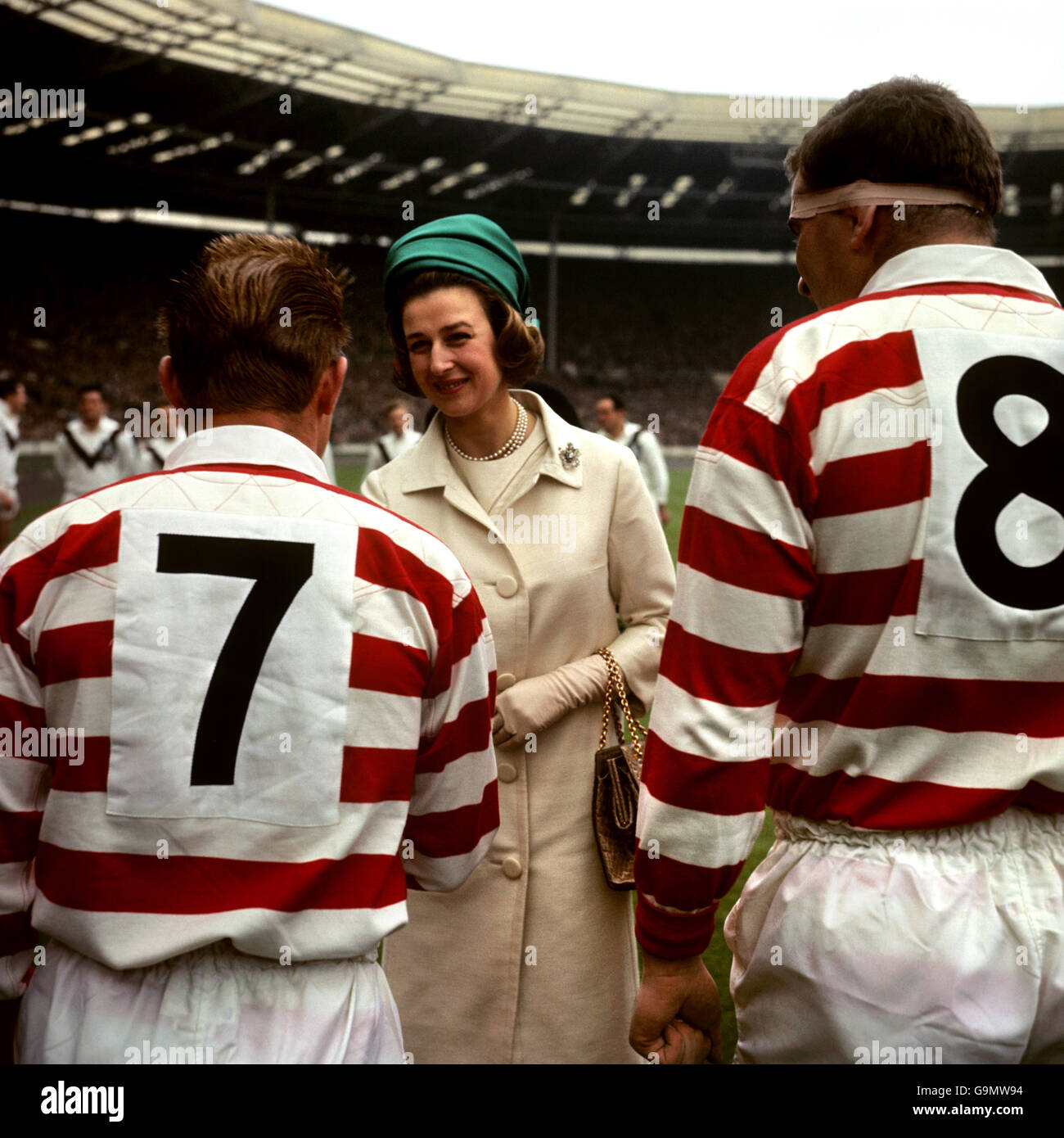 Rugby League - Challenge Cup - Final - Wigan v Hunslet - Wembley Stadium. Guest of honour Princess Alexandra (c) shakes hands with Wigan's Frank Parr (l) as teammate Danny Gardiner (r) waits his turn Stock Photo