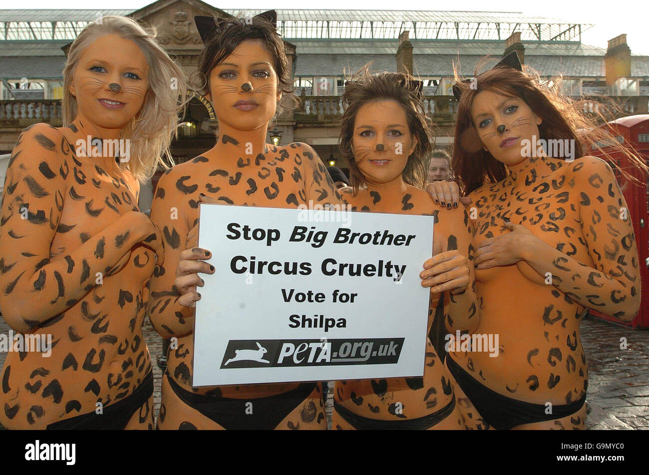Celebrity Big Brother racism row. Members of animal charity Peta wearing nothing but body-painted leopard spots in Covent Garden, London. Stock Photo