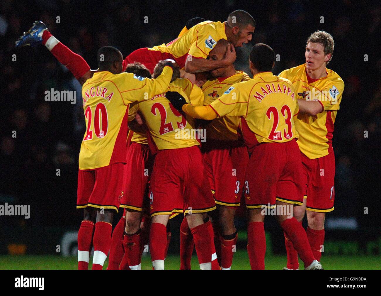 Watford's Jay DeMerit celebrates his goal with his team mates Stock Photo